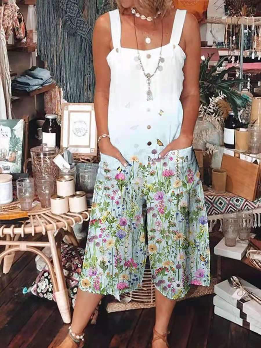 Flowers printed loose pocket jumpsuit