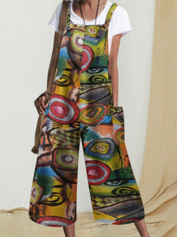Bohemian Printed Buttons Side Pockets Straps Sleeveless Jumpsuits For Women
