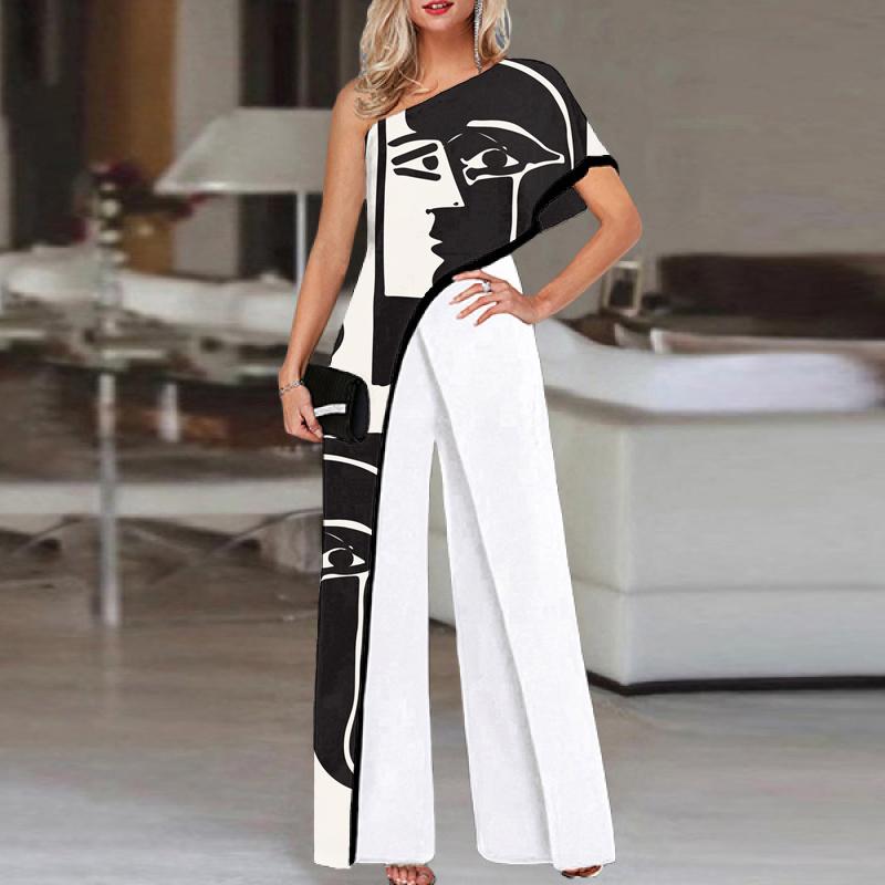 Fashion Single-sleeve Contrast Print Jumpsuit