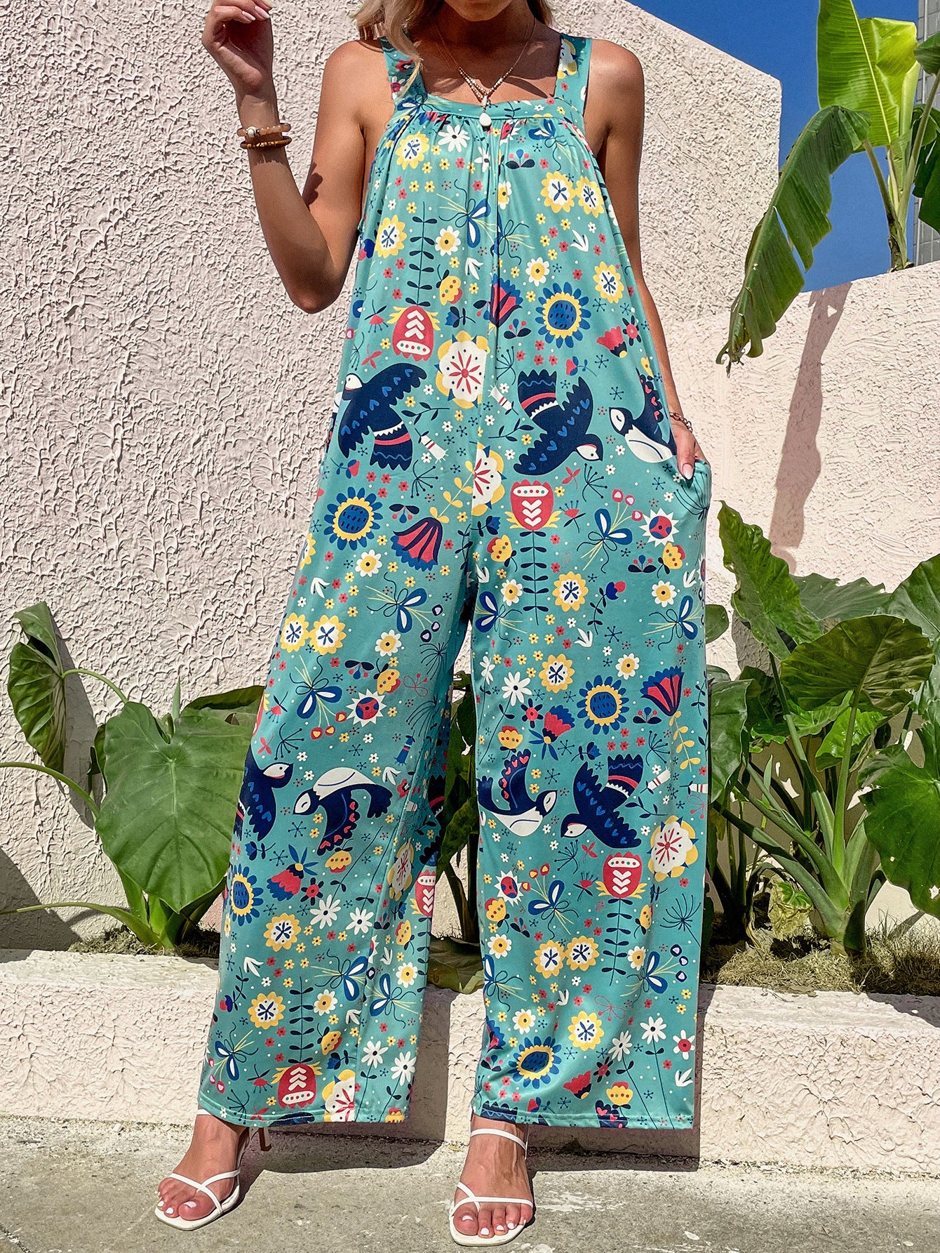Green bird print casual halter wide leg jumpsuit