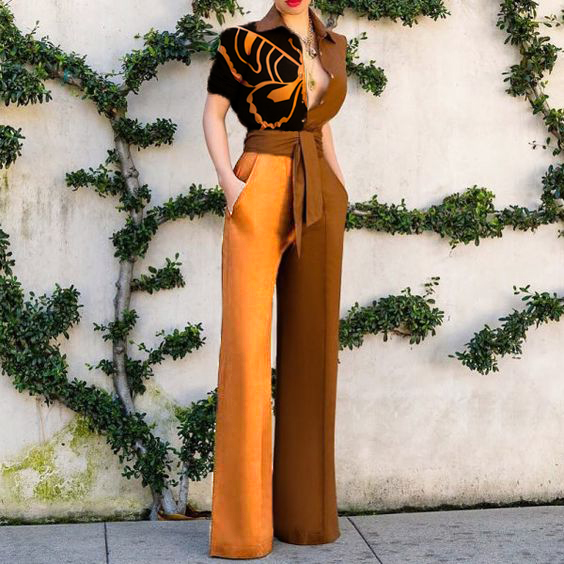 Women's fashion simple butterfly print asymmetrical jumpsuit