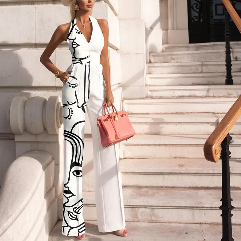 Vintage Halter Sleeveless Face Print Jumpsuit