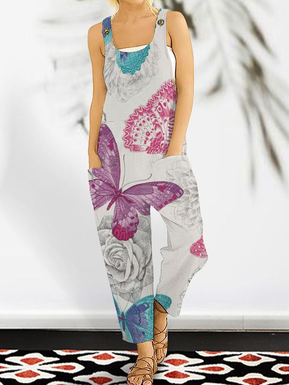 Art Grey Vintage Printed Shoulder Strap Patchwork with Pockets Jumpsuit